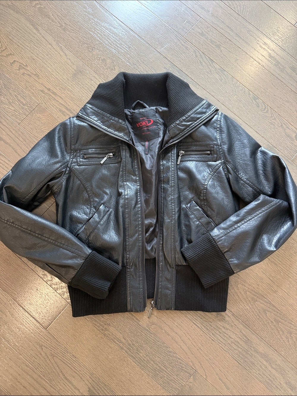 Yoki Black Faux Leather Bomber Jacket with Rib Knit Collar